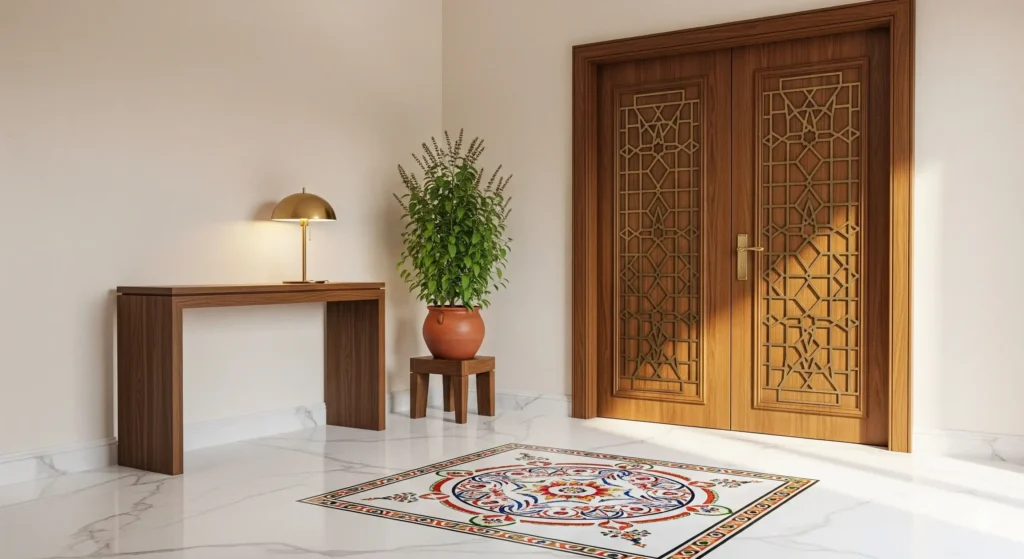 Vastu-for-Home-Entrance-Grand-Entrance-with-Inlaid-Rangoli-and-Brass